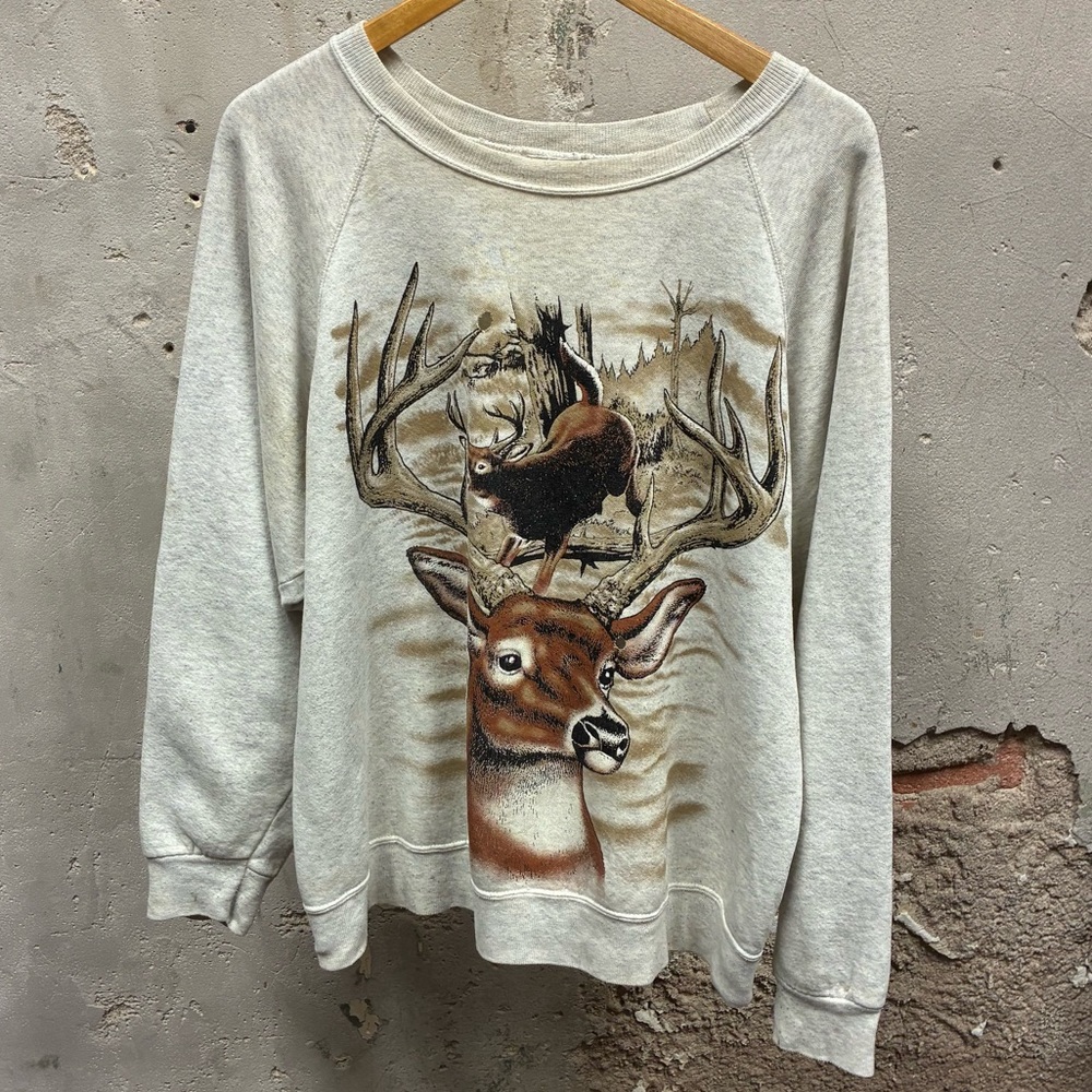 Vintage Early 90s Gray Raglan Cut Nature Deer Graphic Sweatshirt XL Distressed